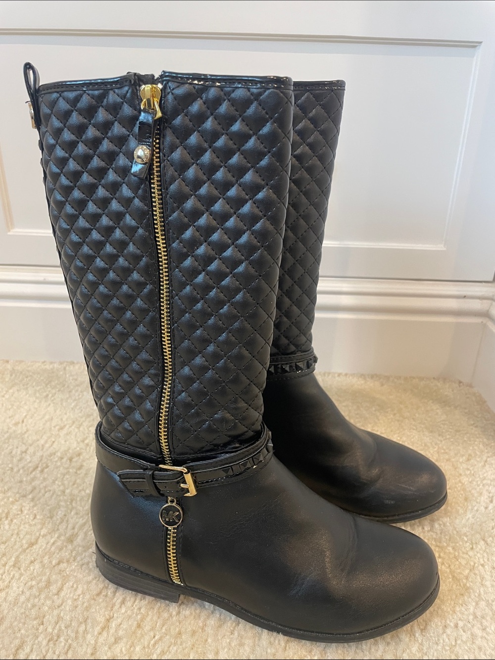 Girls Michael Kors Black Quilted Leather Knee-High Boots with Gold Hardware